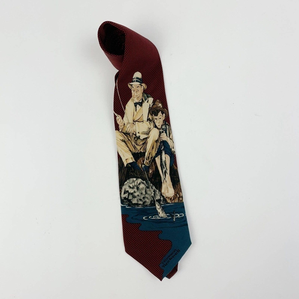 VINTAGE 1995 Saturday Evening Post Norman Rockwell Fishing Silk Tie 57 x 3.9"